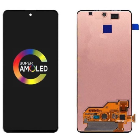 Écran Samsung Galaxy A51 sans châssis : face avant et dos de la dalle avec sa nappe