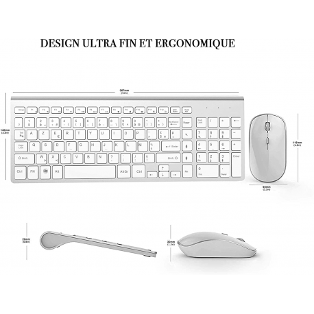 AZERTY – clavier sans fil français 2.4 ghz, souris ergonomique, Compatible avec IMac, Mac, PC, tablette, ordinateur Windows (bla